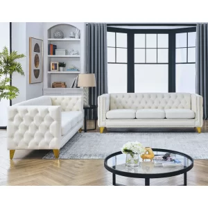 {Contact us for 3D modeling} Velvet Sofa for Living Room,Buttons Tufted Square Arm Couch, Modern Couch Upholstered Button and Metal Legs, Sofa Couch for Bedroom, Beige Velvet ,2PCS