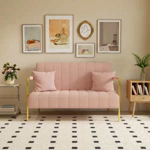 59inch pink teddy fleecesof, two throw pillows, suitable for living room, apartment, home office