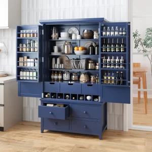 Freestanding Large Kitchen Pantry Wooden Kitchen Storage Cabinet Cupboard with 8 Door Shelves,3 Adjustable Shelves,7 Drawers& 8 Wine Racks, Blue