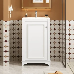 Freestanding Vanity with Ceramic Sink, Soft-Closing Door and Adjustable Shelf, Modern Style