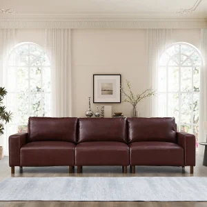 Luxury PU Leather Sofa for Living Room Upholstered Breathable Faux Couch with Wood Legs