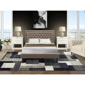 KD16Q-2VL0C 3 Piece Bed Set - Queen Bed Dark Khaki Headboard with 2 Modern Nightstand - Black Finish Legs