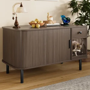 37.4' Cat Litter Box Enclosure with Sliding Door, Hidden Litter Box Enclosure Furniture with Storage Drawer and Charging Station, Modern Indoor Cat House, TV Stand, End Table for Living Room, Brown