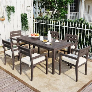 7 Pieces Acacia Wood Outdoor Dining Set with Cushions,Modern 6 Chairs and 1 Large Table, Dining Furniture Set for Lawn, Backyard, Garden Deck,Poolside
