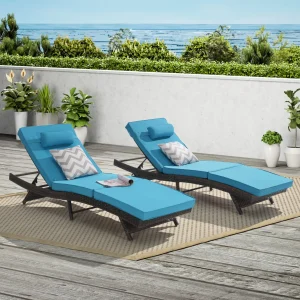 Outdoor Wicker Reclining Lounge Chair Set Set of 2 Adjustable Patio Chaise Loungers, Rattan Poolside Chairs