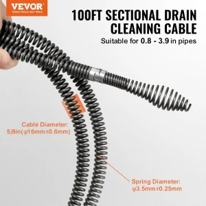 VEVOR Drain Cleaning Cable 100 FT x 5/8 Inch, Professional Sectional Drain Cleaner Cable with 7 Cutters for 0.8" to 3.9" Pipes, Hollow Core Sewer Drain Auger Cable for Sink, Floor Drain, Toilet
