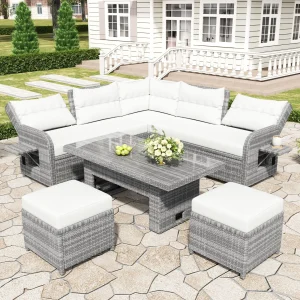 Outdoor Furniture Set Patio Rattan Furniture Set with an Adjustable Table, Recliners with Extendable Side Tables, and Two Ottomans For Patio, Lawn, Backyard, Pool, Beige