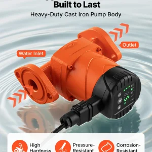 VEVOR F-007E-1F1 High Efficiency Circulator Pump, 16 GPM, 120V 20 ft Cast Iron Hot Water Recirculating Circulation Pump, 1 in Flange Connection, Check Valve, Quiet Operation, for Home Heating System