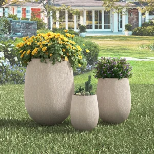 Egg-Shaped Lightweight MGO Outdoor Planter Set of 3,Modern Stone-Look Textured Flower Pots with Drainage Holes and Rubber Plug, Suitable for Patio, Garden, Poolside & Indoor