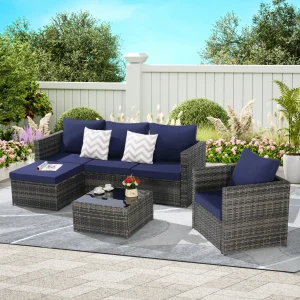 3 Piece Outdoor L-Shaped Patio Sectional Set Wicker Conversation Sofa with Cushions & Table, Garden Rattan Furniture