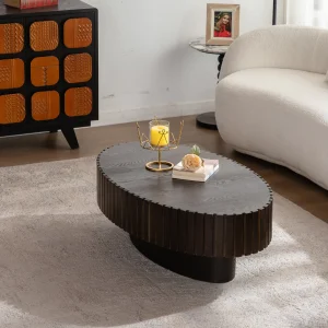 Oval Coffee Table Handcrafted Relief Sturdy Pedestal Wooden Olive-Shaped Tea Table for Living