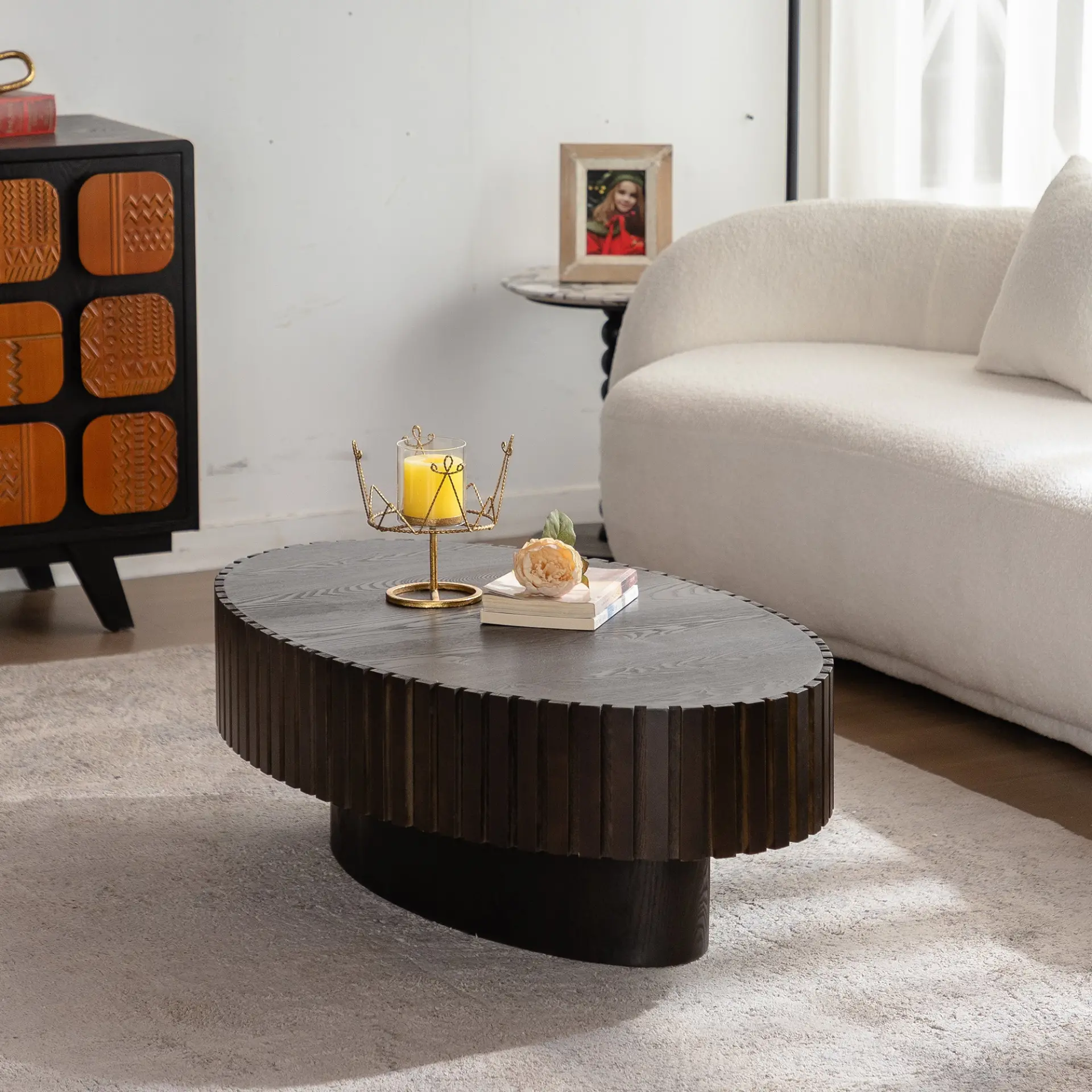 Oval Coffee Table Handcrafted Relief Sturdy Pedestal Wooden Olive-Shaped Tea Table for Living - Image 2