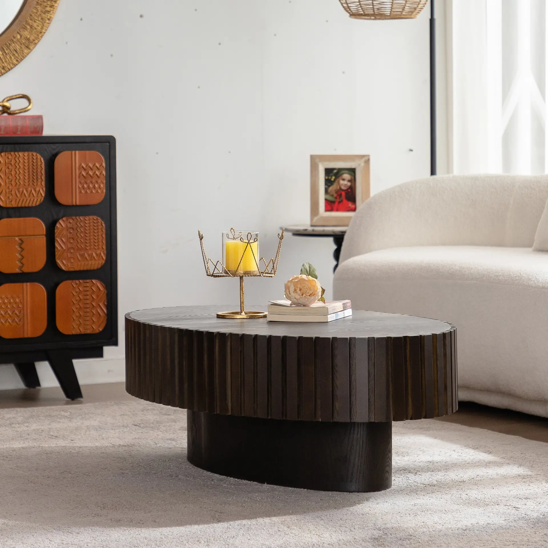 Oval Coffee Table Handcrafted Relief Sturdy Pedestal Wooden Olive-Shaped Tea Table for Living - Image 3
