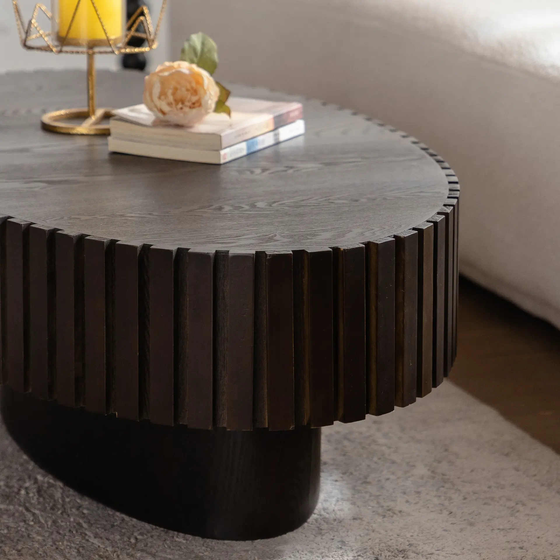Oval Coffee Table Handcrafted Relief Sturdy Pedestal Wooden Olive-Shaped Tea Table for Living - Image 4