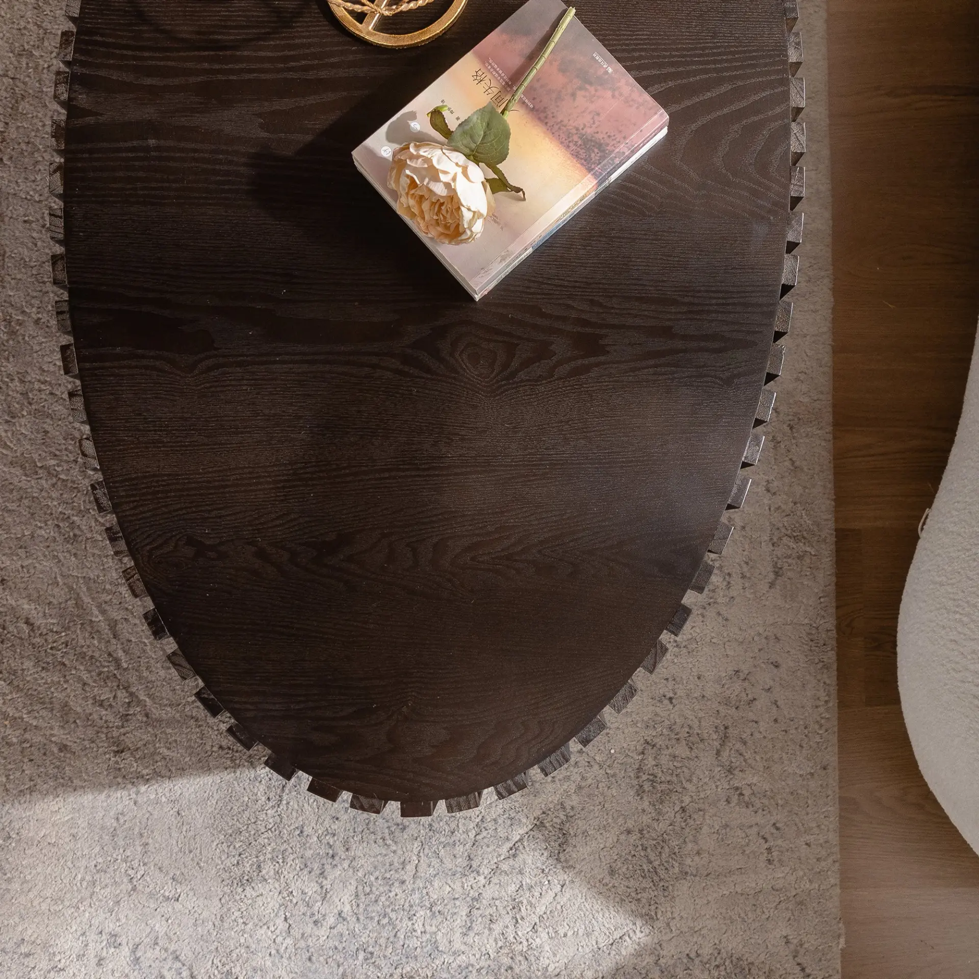 Oval Coffee Table Handcrafted Relief Sturdy Pedestal Wooden Olive-Shaped Tea Table for Living - Image 5