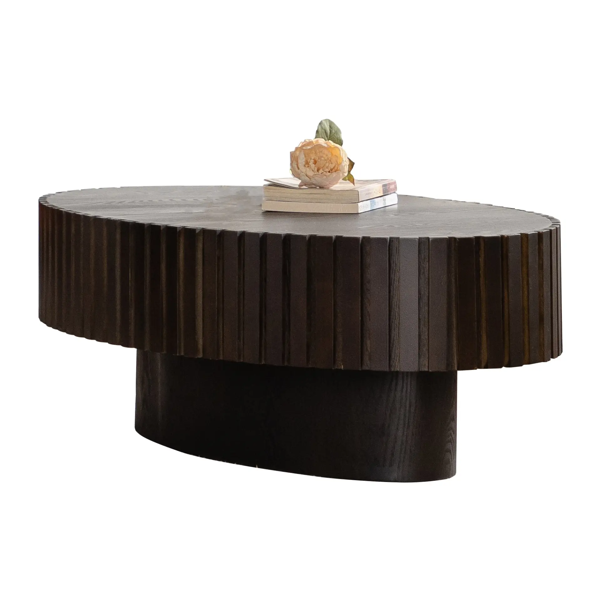 Oval Coffee Table Handcrafted Relief Sturdy Pedestal Wooden Olive-Shaped Tea Table for Living - Image 7