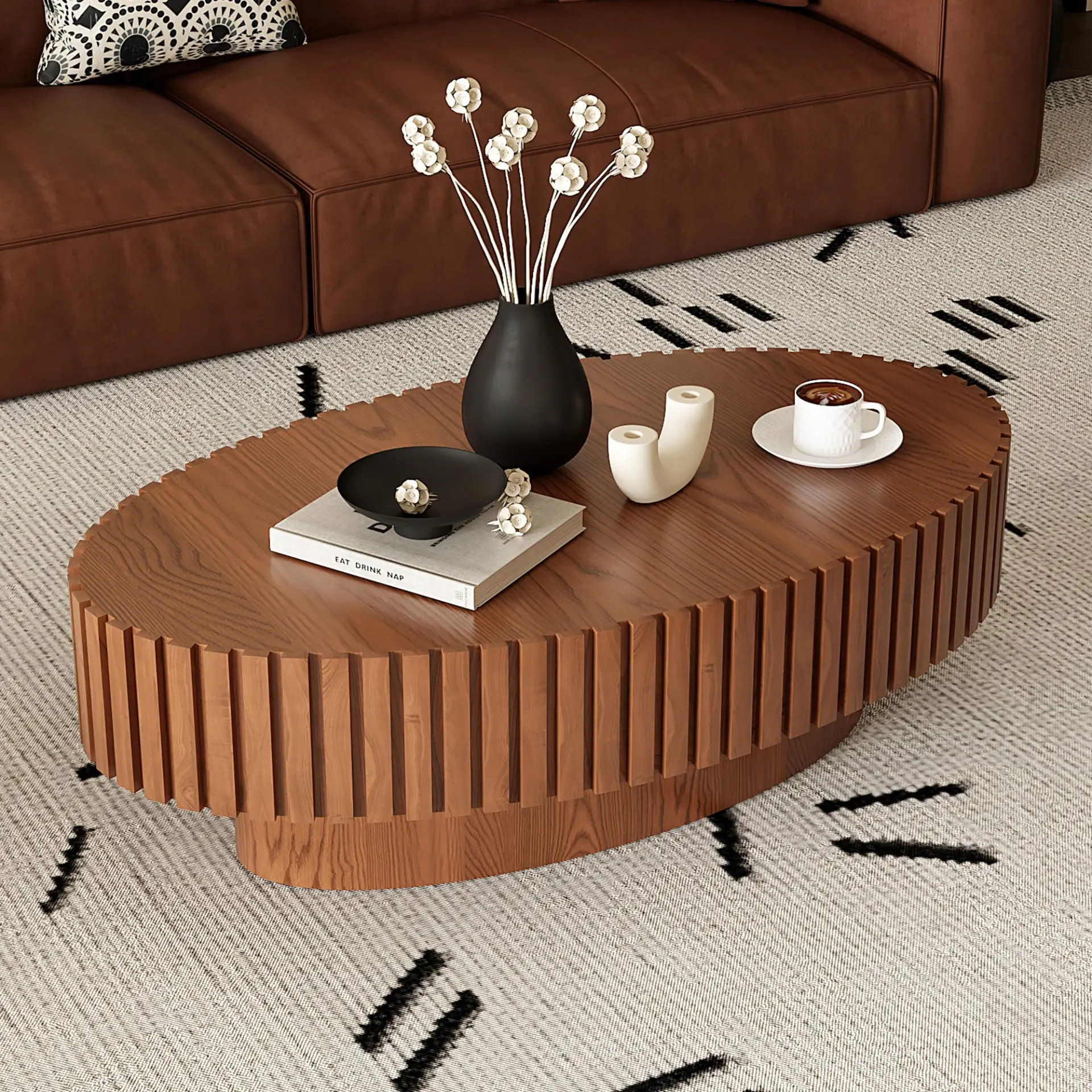 Oval Coffee Table Handcrafted Relief Sturdy Pedestal Wooden Olive-Shaped Tea Table for Living - Image 8
