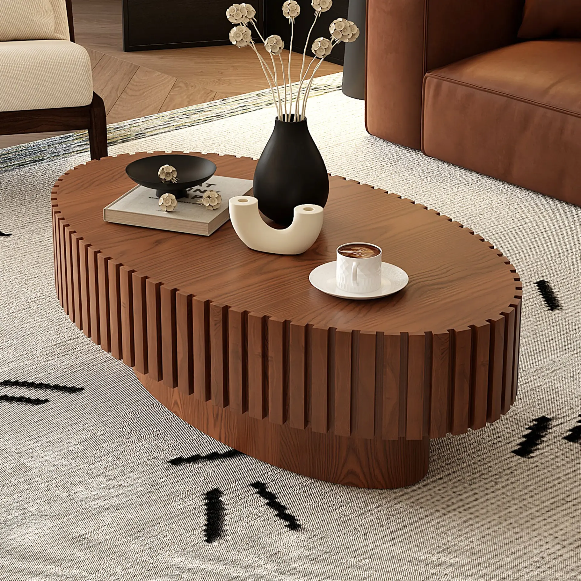Oval Coffee Table Handcrafted Relief Sturdy Pedestal Wooden Olive-Shaped Tea Table for Living - Image 9