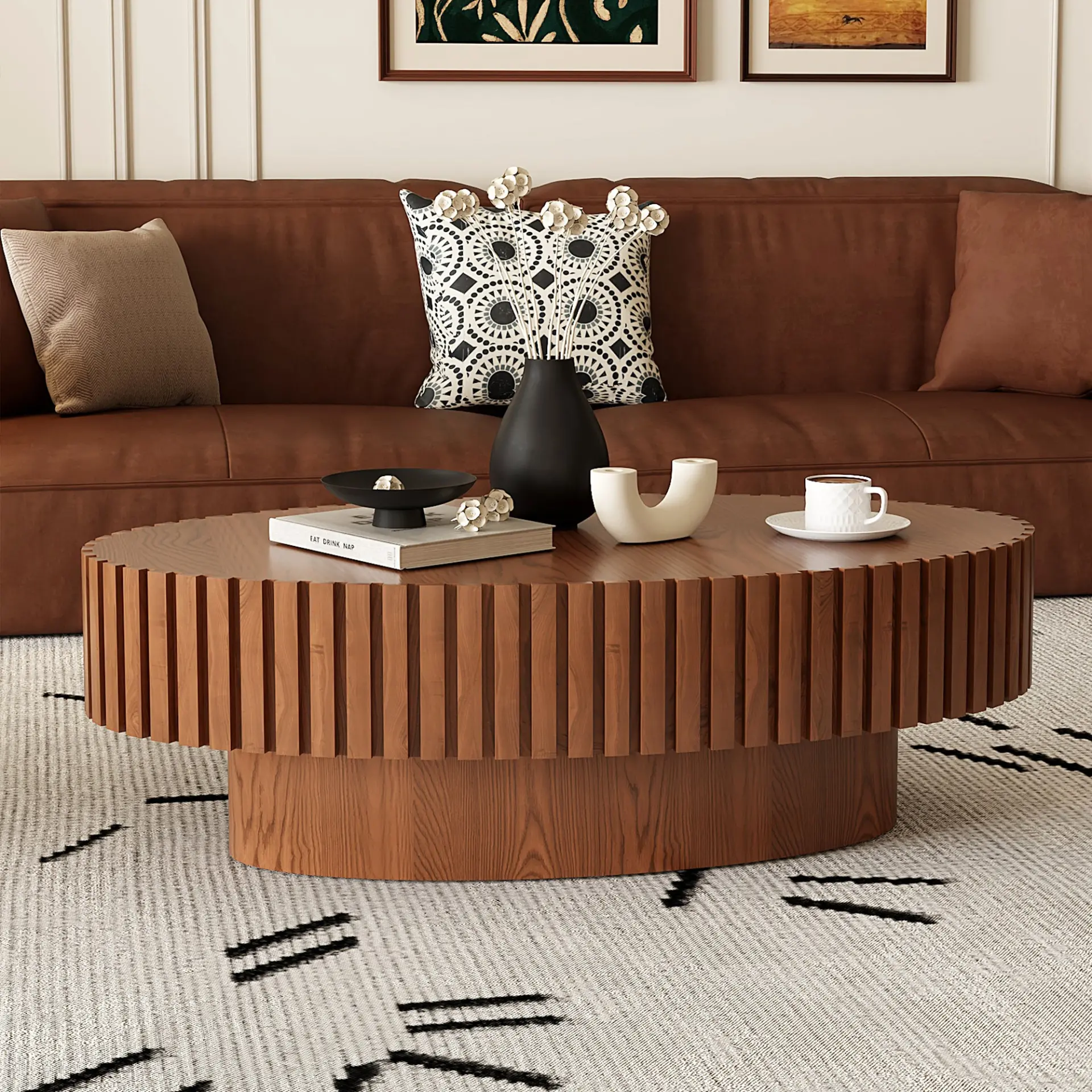 Oval Coffee Table Handcrafted Relief Sturdy Pedestal Wooden Olive-Shaped Tea Table for Living - Image 10