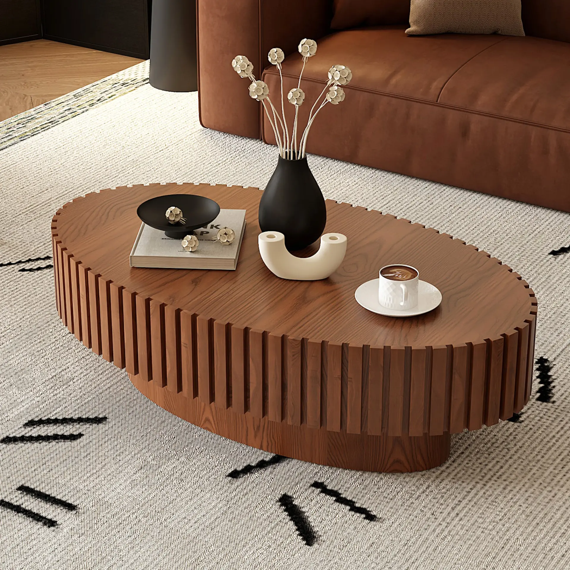 Oval Coffee Table Handcrafted Relief Sturdy Pedestal Wooden Olive-Shaped Tea Table for Living - Image 11