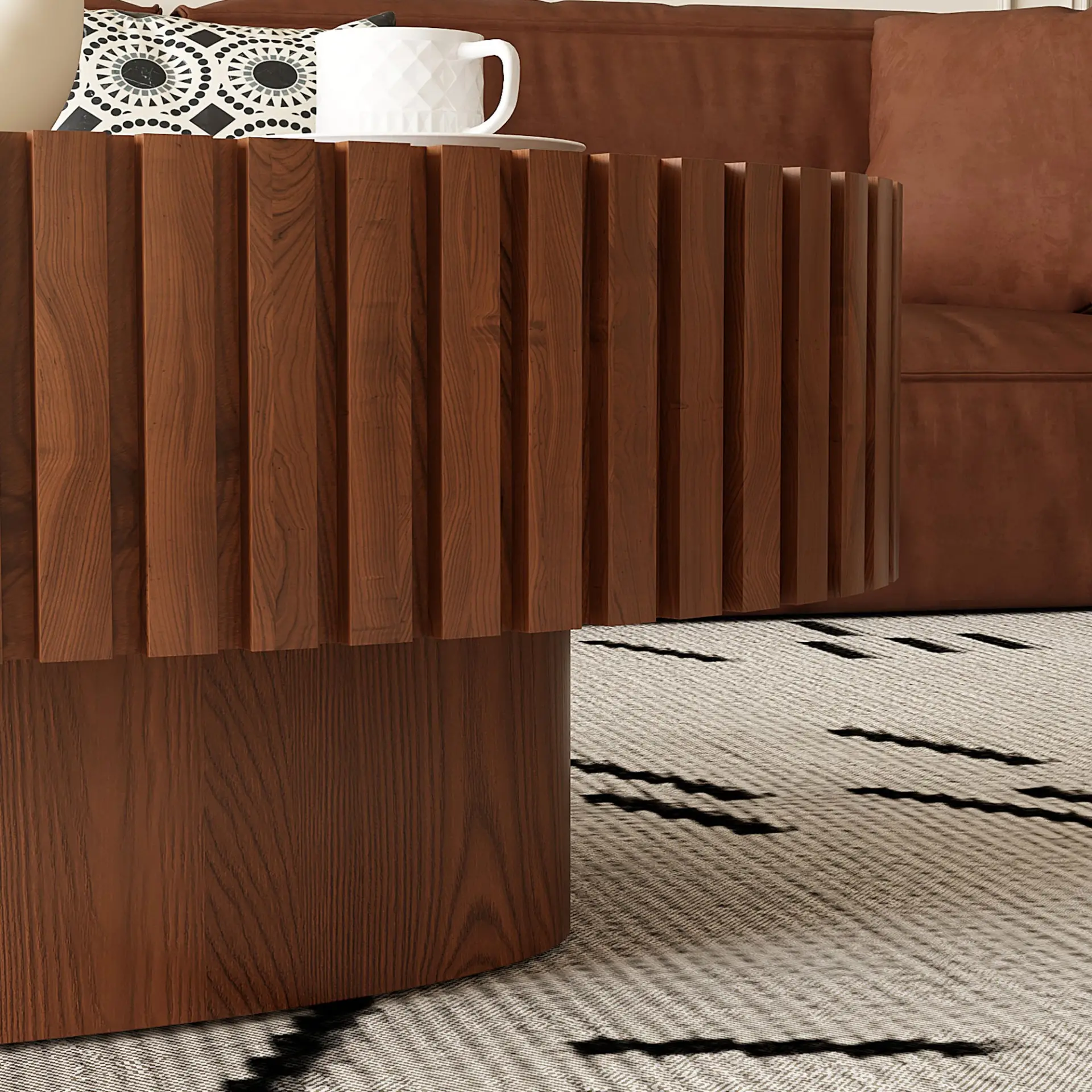 Oval Coffee Table Handcrafted Relief Sturdy Pedestal Wooden Olive-Shaped Tea Table for Living - Image 14