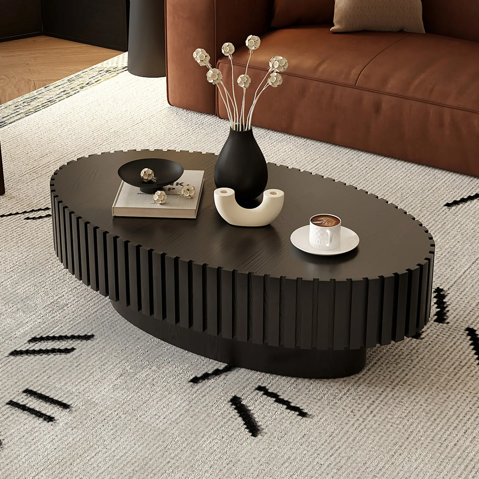 Oval Coffee Table Handcrafted Relief Sturdy Pedestal Wooden Olive-Shaped Tea Table for Living - Image 17