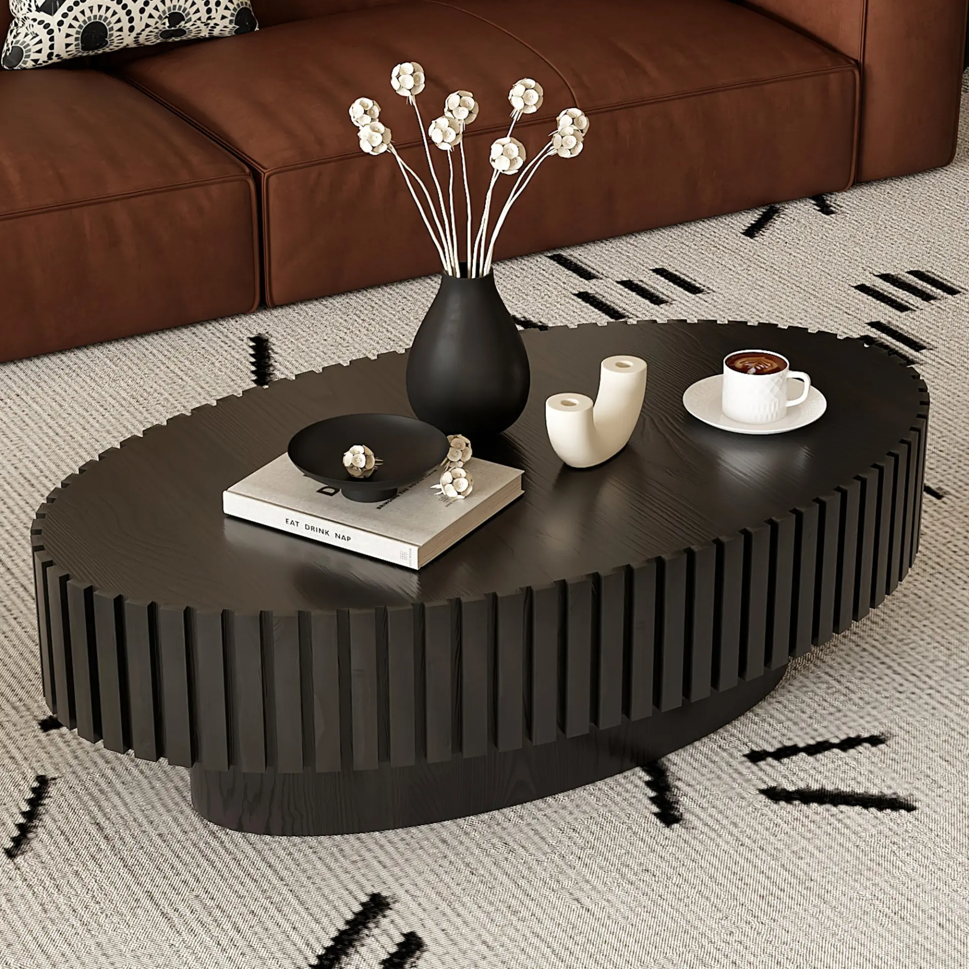 Oval Coffee Table Handcrafted Relief Sturdy Pedestal Wooden Olive-Shaped Tea Table for Living - Image 19
