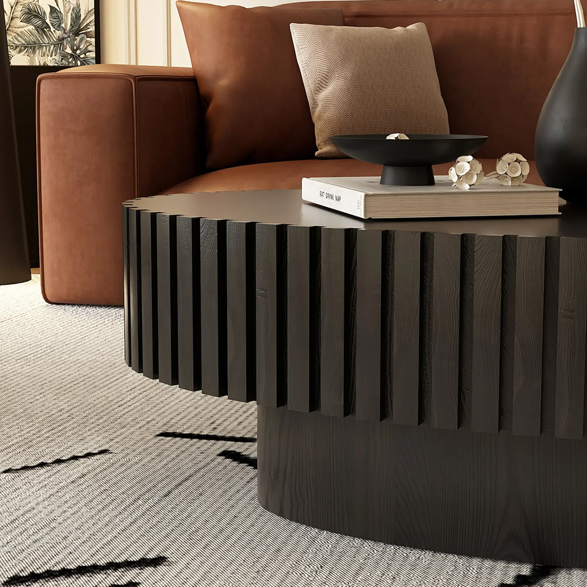 Oval Coffee Table Handcrafted Relief Sturdy Pedestal Wooden Olive-Shaped Tea Table for Living - Image 22