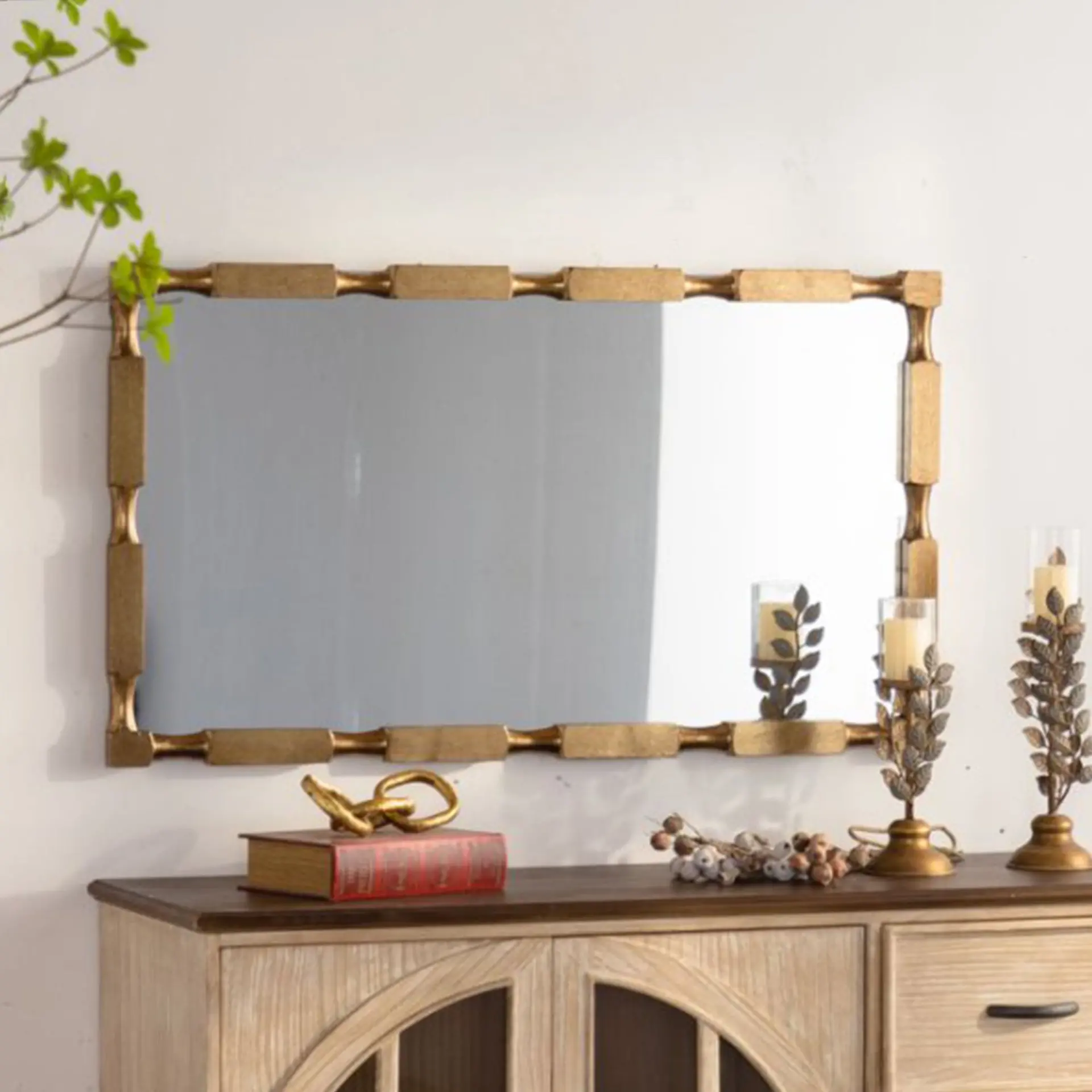 Gold Bamboo-Style Rectangular Wall Mirror, Textured Frame for Living Room/Bedroom/Entryway Decor - Image 2