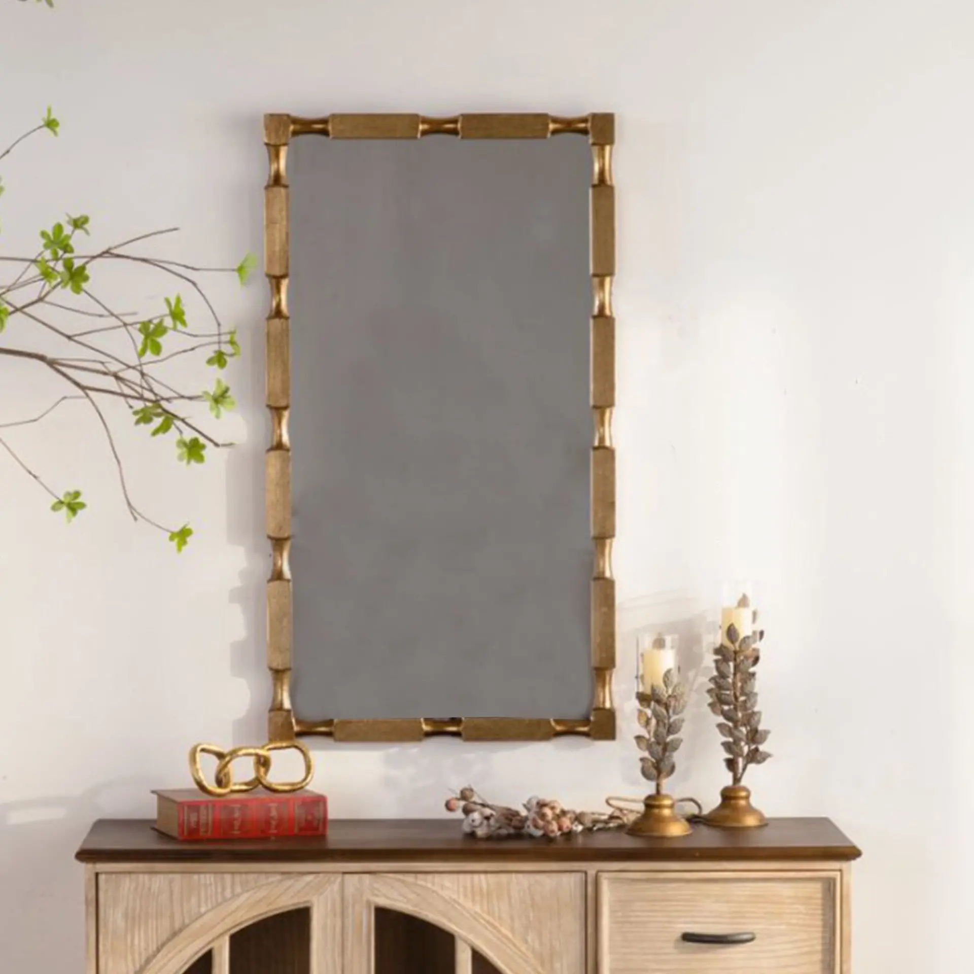 Gold Bamboo-Style Rectangular Wall Mirror, Textured Frame for Living Room/Bedroom/Entryway Decor - Image 3