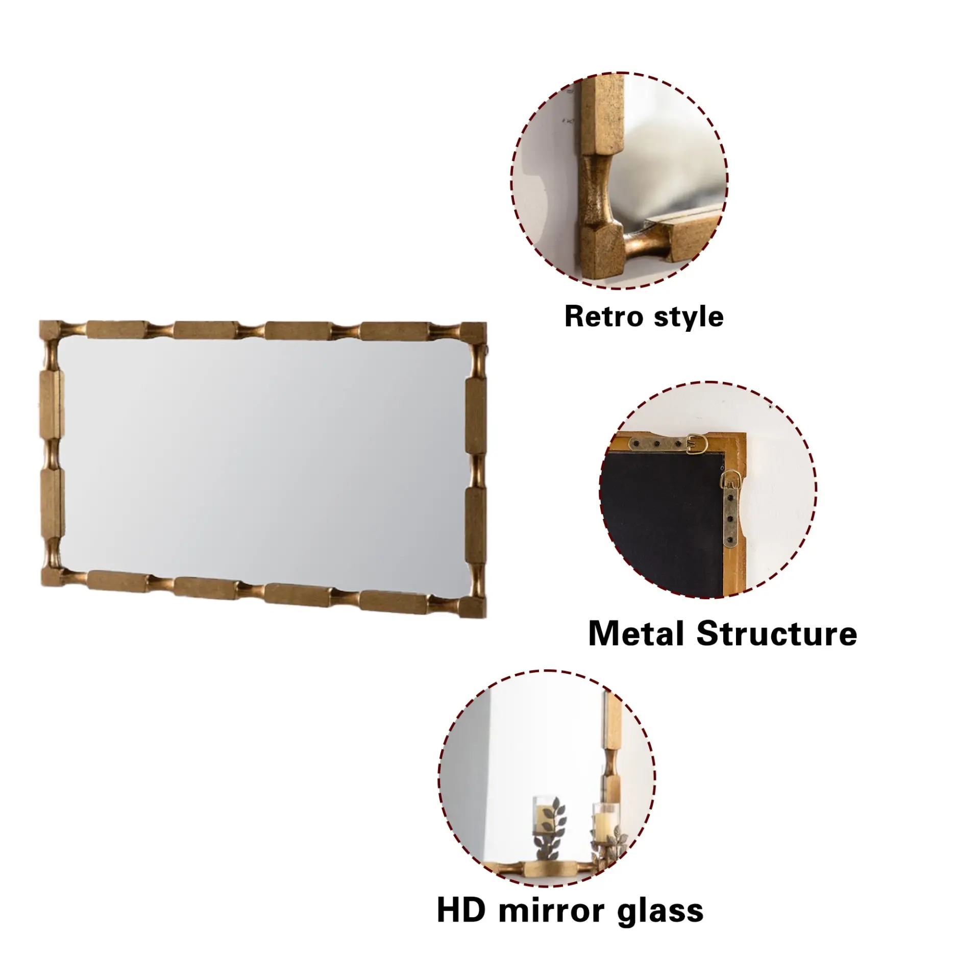 Gold Bamboo-Style Rectangular Wall Mirror, Textured Frame for Living Room/Bedroom/Entryway Decor - Image 8