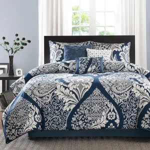 vienna 7 piece cotton printed comforter set, indigo color