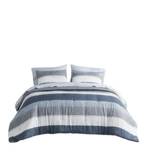 jaxon stripe comforter set with bed sheets, blue/grey color