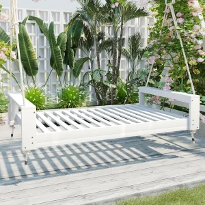 Twin Size Porch Swing Bed, Patio Acacia Wood Swing Frame with Hemp Ropes for Backyard