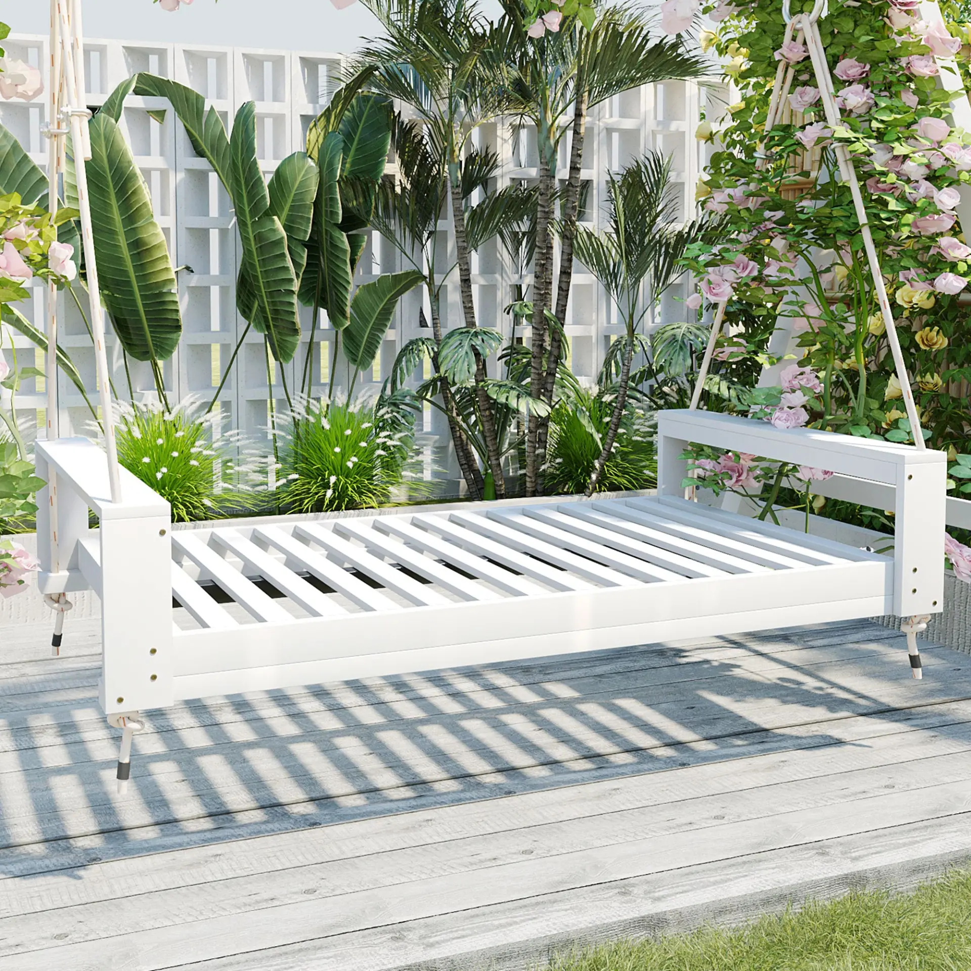 314237503_large.webp Twin Size Porch Swing Bed, Patio Acacia Wood Swing Frame with Hemp Ropes for Backyard