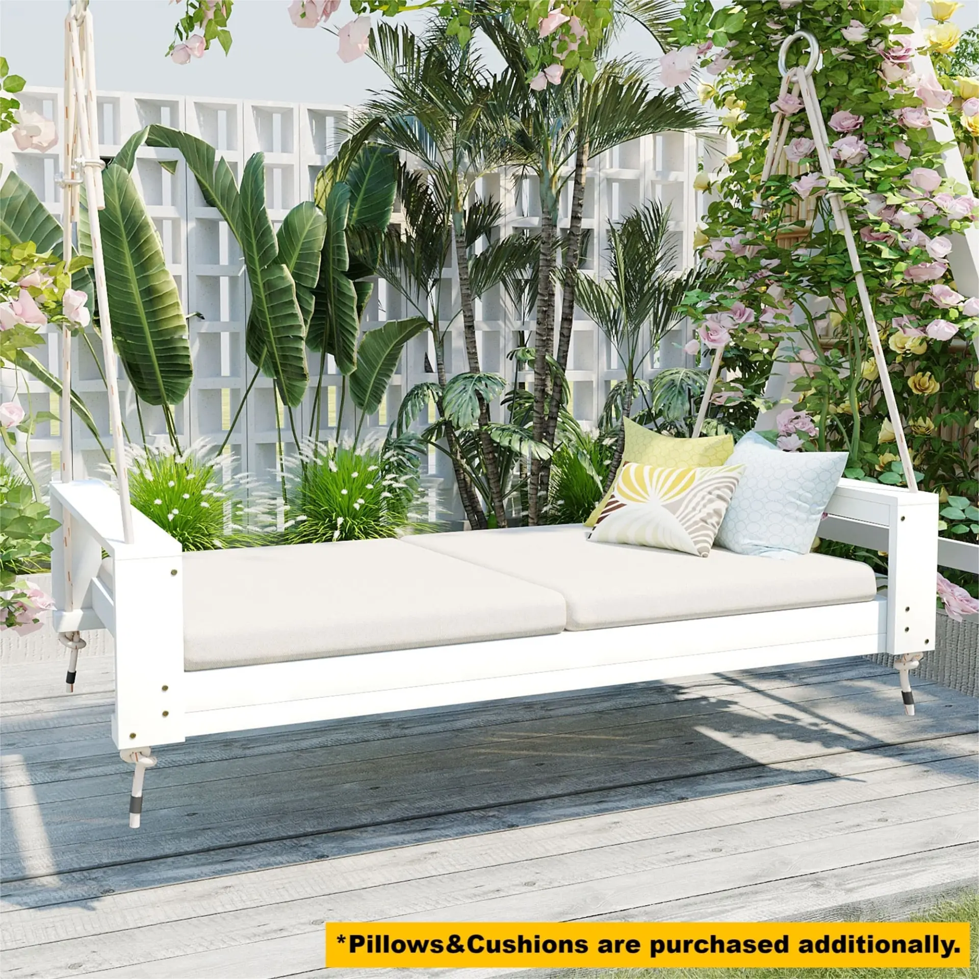 314237504_large.webp Twin Size Porch Swing Bed, Patio Acacia Wood Swing Frame with Hemp Ropes for Backyard - Image 2