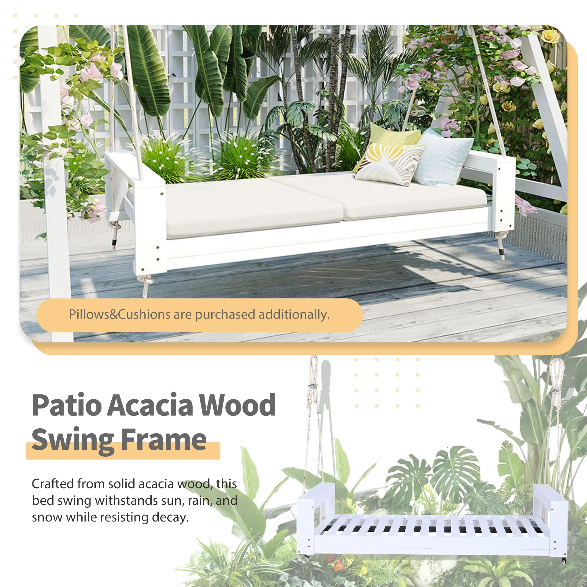 314237505_large.webp Twin Size Porch Swing Bed, Patio Acacia Wood Swing Frame with Hemp Ropes for Backyard - Image 3