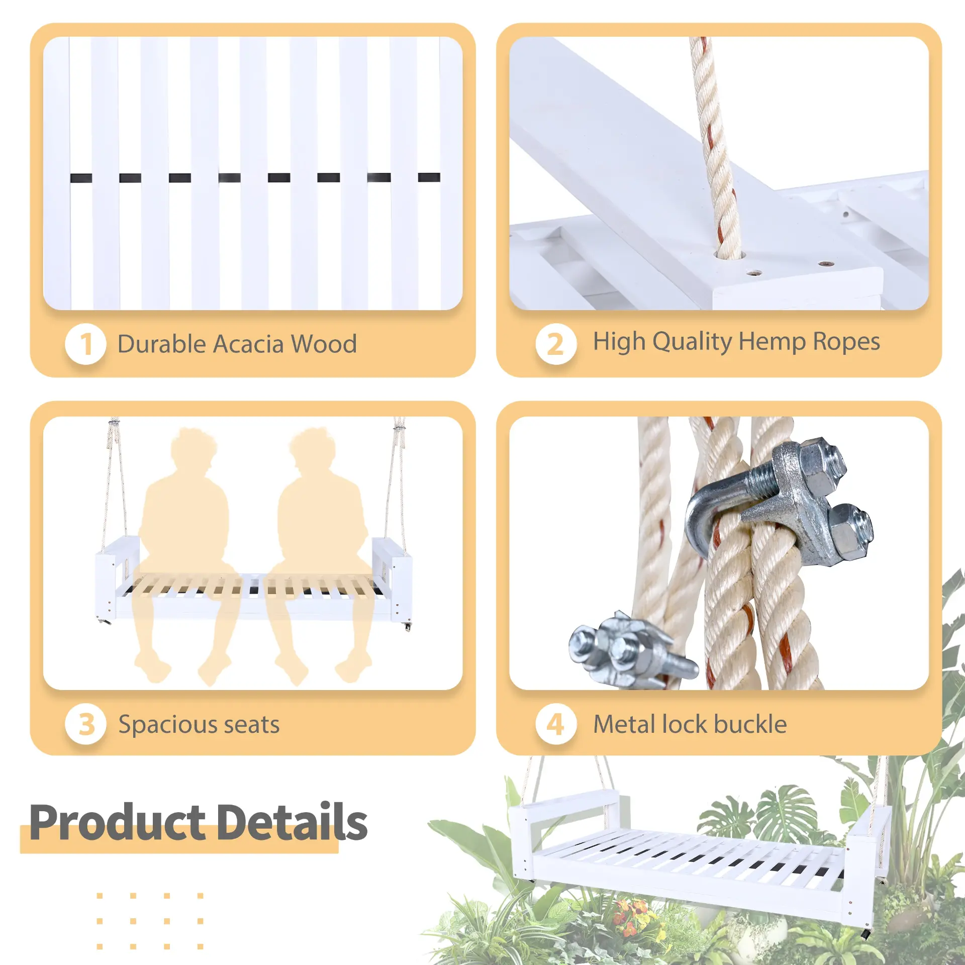 314237506_large.webp Twin Size Porch Swing Bed, Patio Acacia Wood Swing Frame with Hemp Ropes for Backyard - Image 4