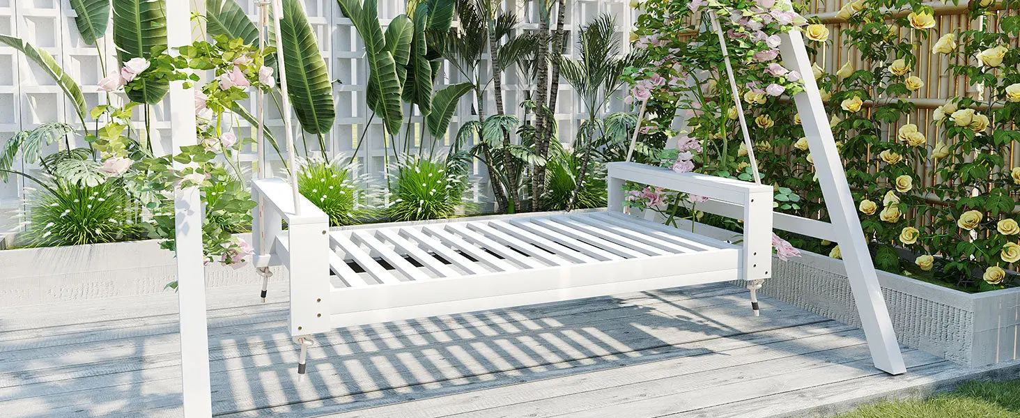 314237518_large.webp Twin Size Porch Swing Bed, Patio Acacia Wood Swing Frame with Hemp Ropes for Backyard - Image 16