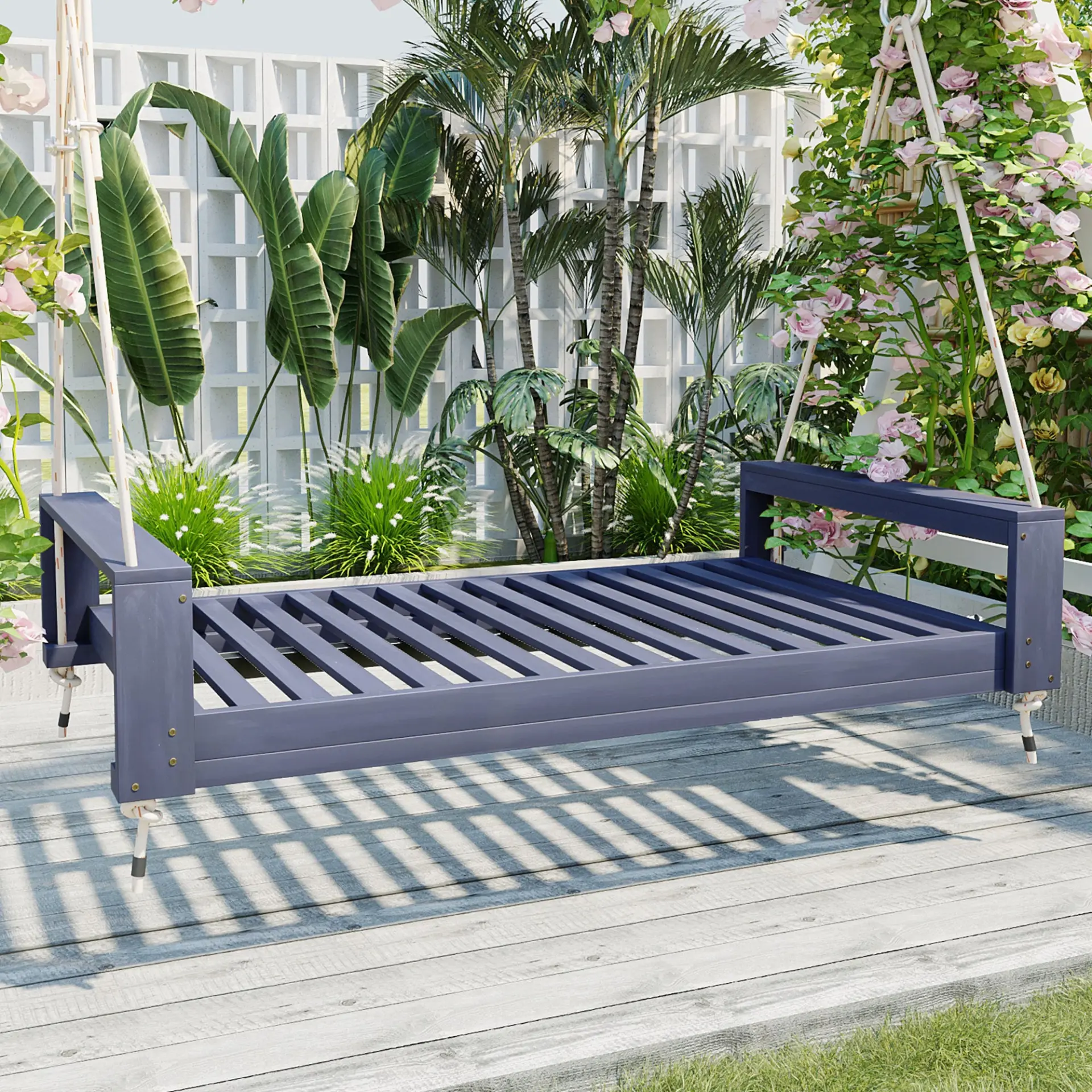 314237520_large.webp Twin Size Porch Swing Bed, Patio Acacia Wood Swing Frame with Hemp Ropes for Backyard - Image 18