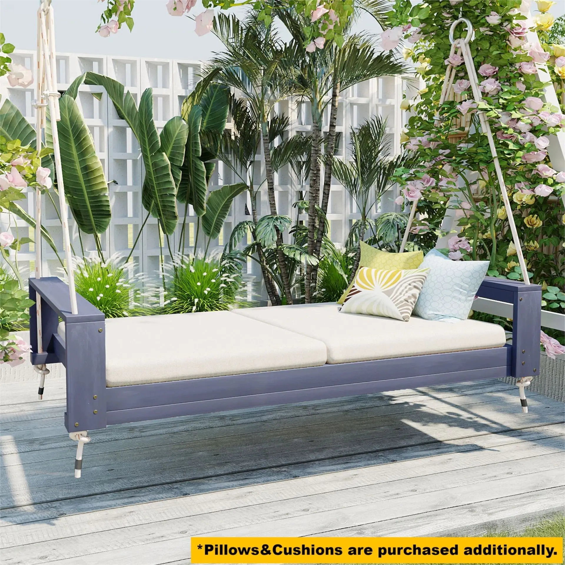 314237521_large.webp Twin Size Porch Swing Bed, Patio Acacia Wood Swing Frame with Hemp Ropes for Backyard - Image 19
