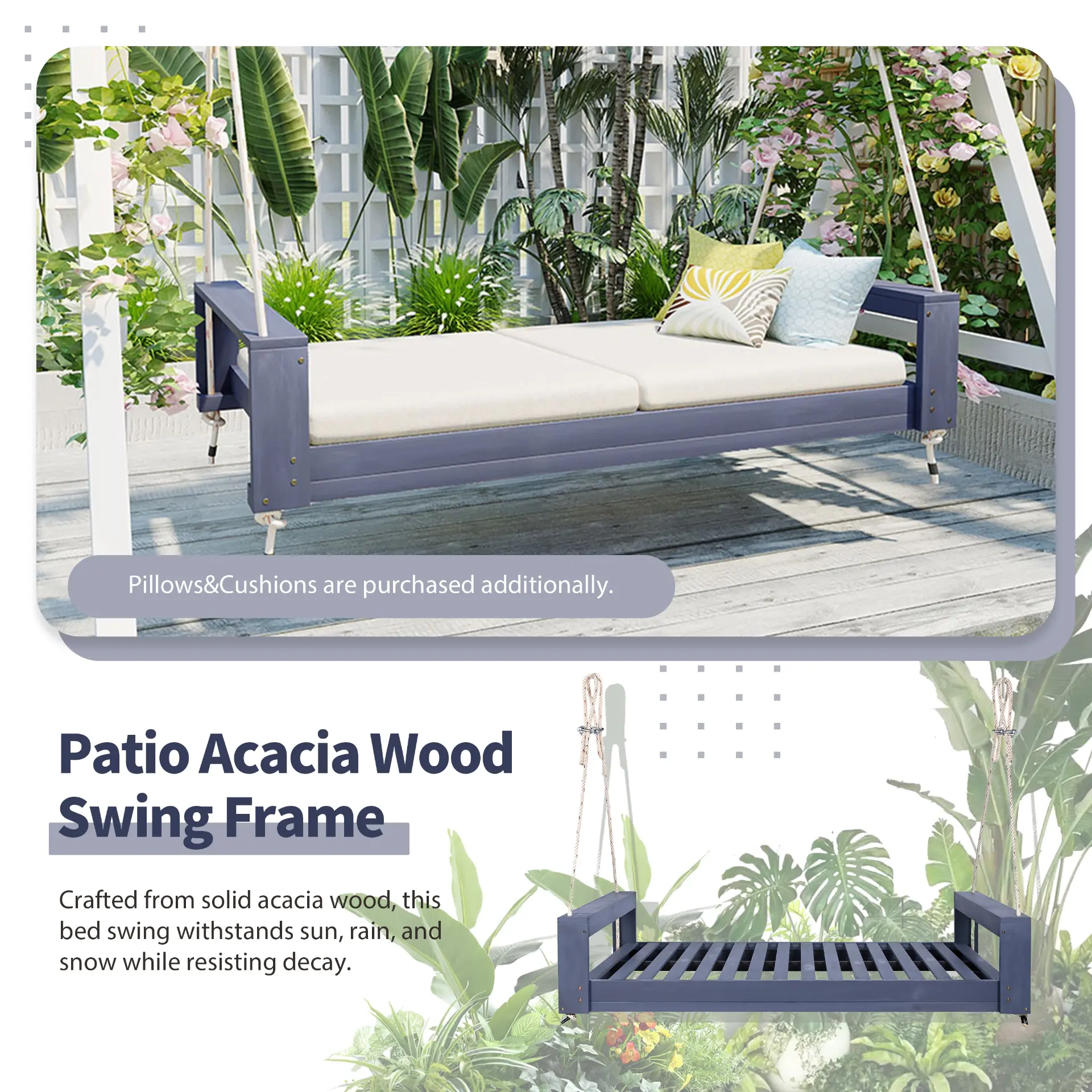 314237522_large.webp Twin Size Porch Swing Bed, Patio Acacia Wood Swing Frame with Hemp Ropes for Backyard - Image 20
