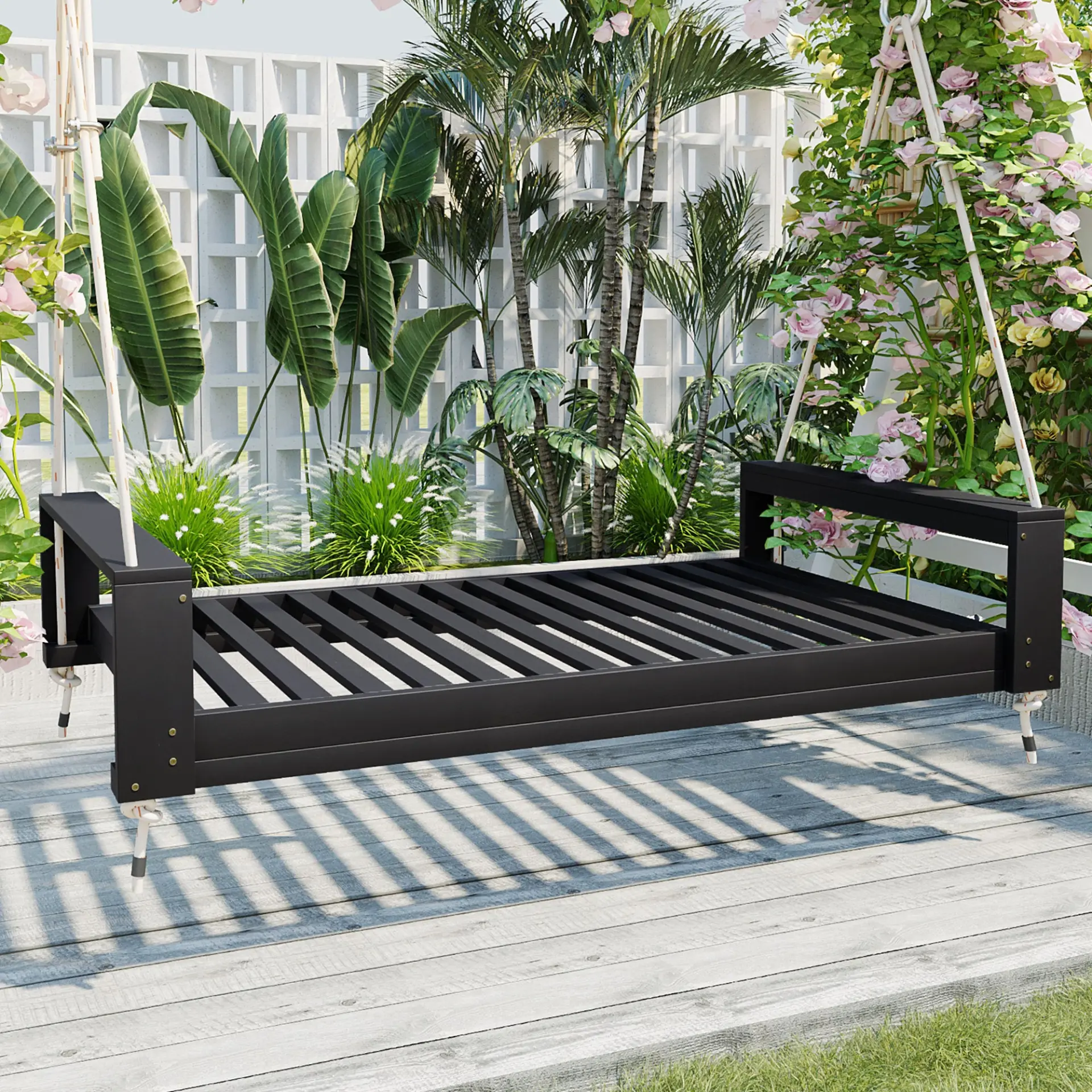 314237686_large.webp Twin Size Porch Swing Bed, Patio Acacia Wood Swing Frame with Hemp Ropes for Backyard - Image 34