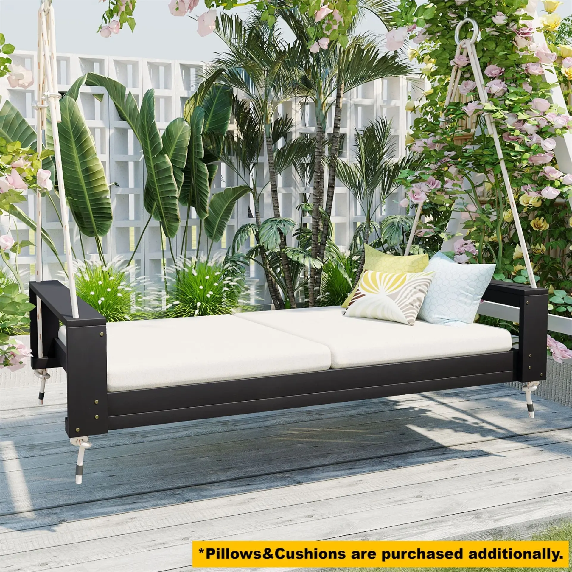 314237687_large.webp Twin Size Porch Swing Bed, Patio Acacia Wood Swing Frame with Hemp Ropes for Backyard - Image 35