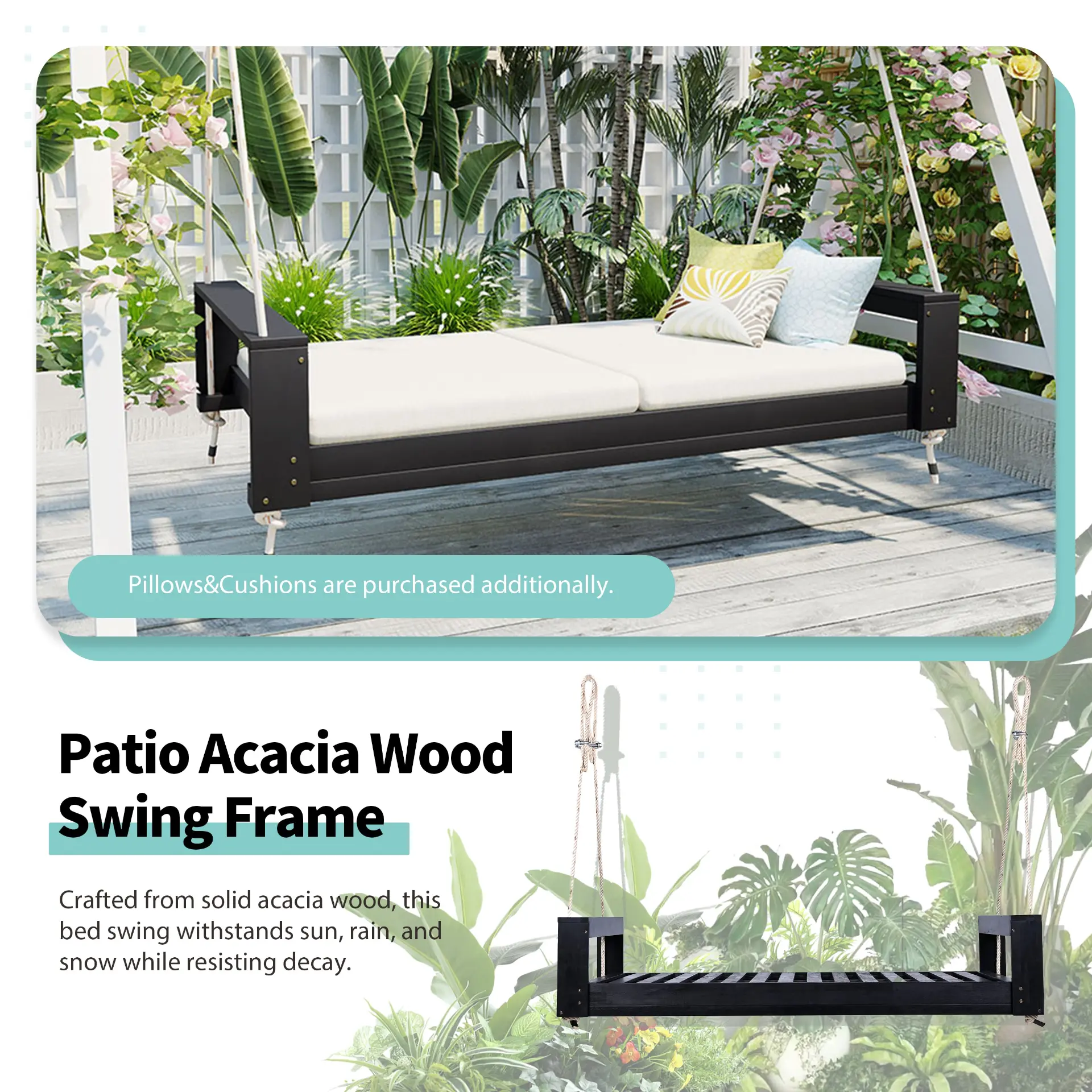 314237688_large.webp Twin Size Porch Swing Bed, Patio Acacia Wood Swing Frame with Hemp Ropes for Backyard - Image 36