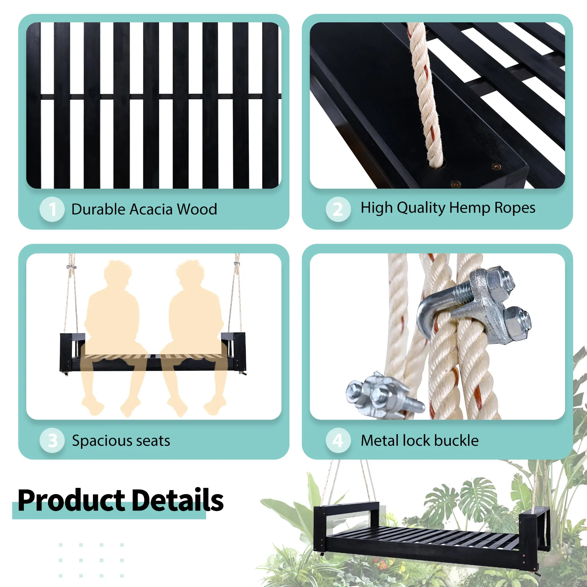 314237689_large.webp Twin Size Porch Swing Bed, Patio Acacia Wood Swing Frame with Hemp Ropes for Backyard - Image 37