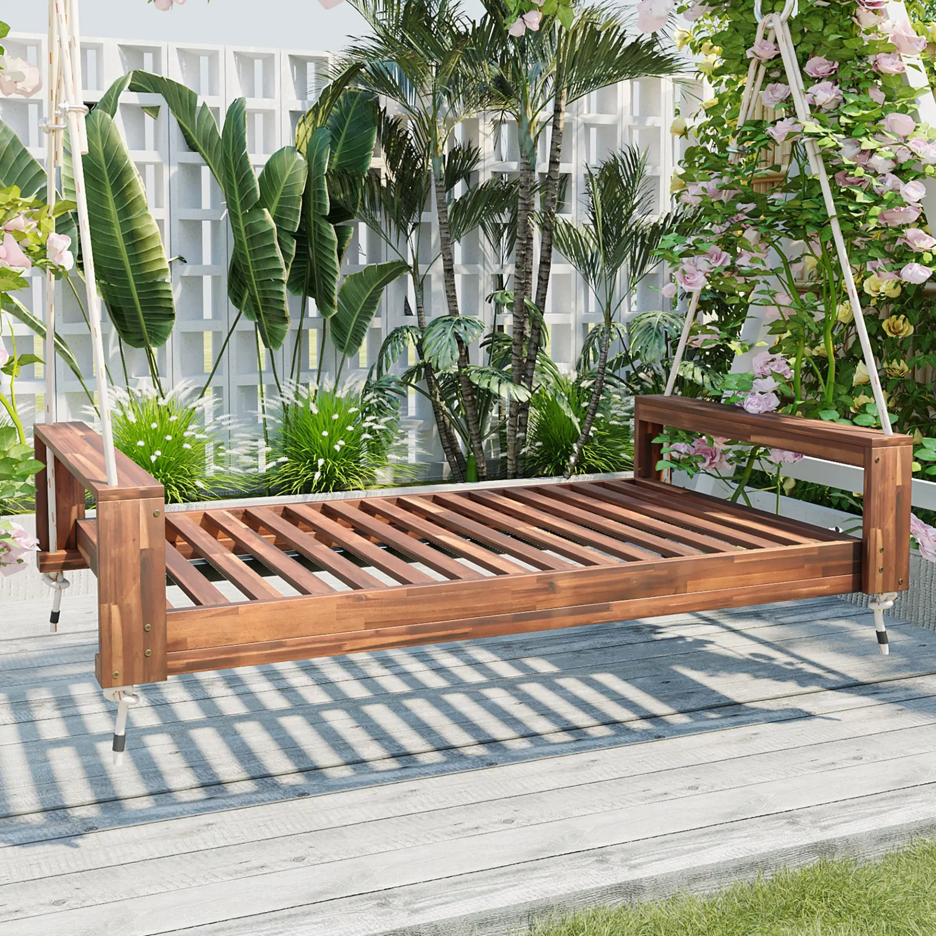 314237702_large.webp Twin Size Porch Swing Bed, Patio Acacia Wood Swing Frame with Hemp Ropes for Backyard - Image 50