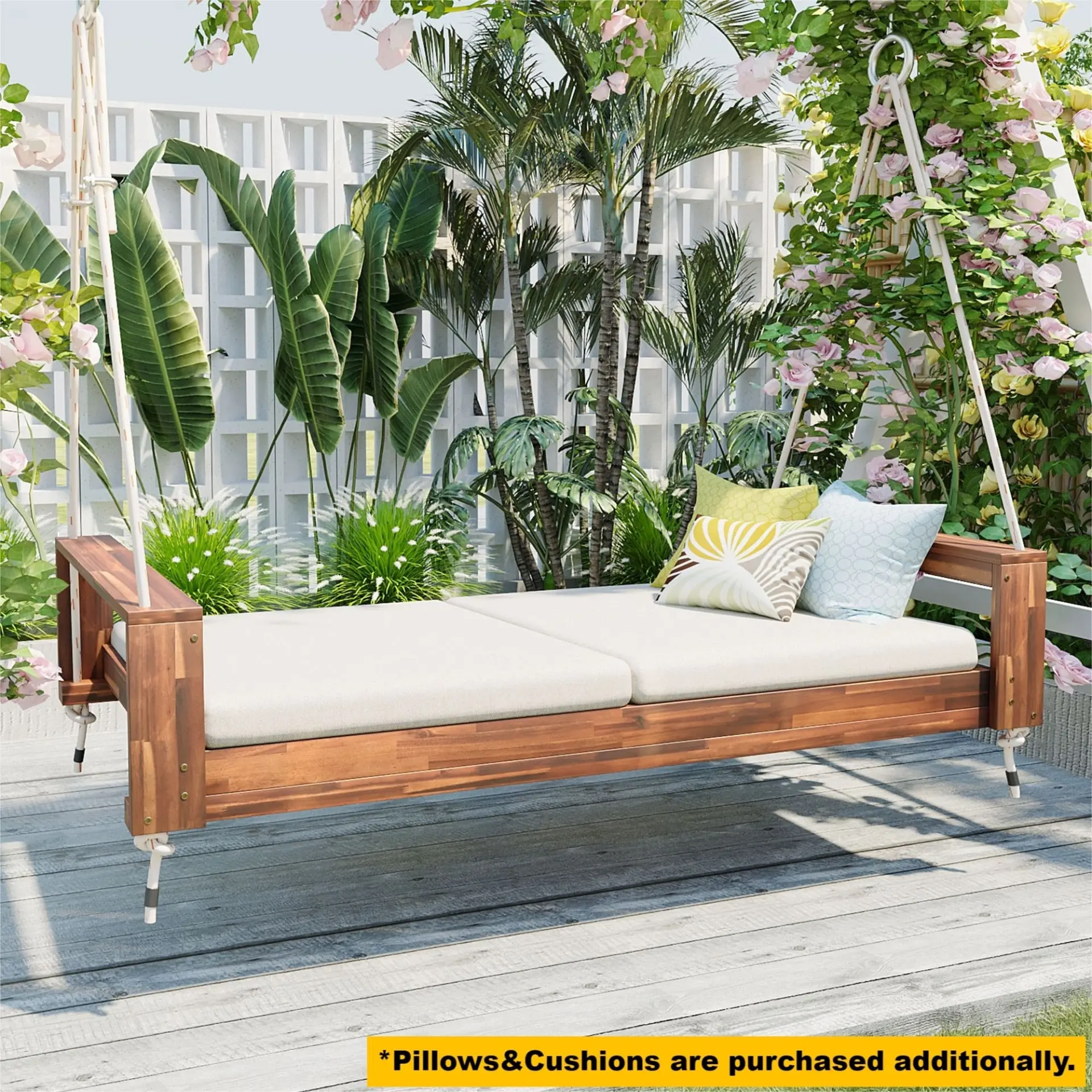 314237703_large.webp Twin Size Porch Swing Bed, Patio Acacia Wood Swing Frame with Hemp Ropes for Backyard - Image 51