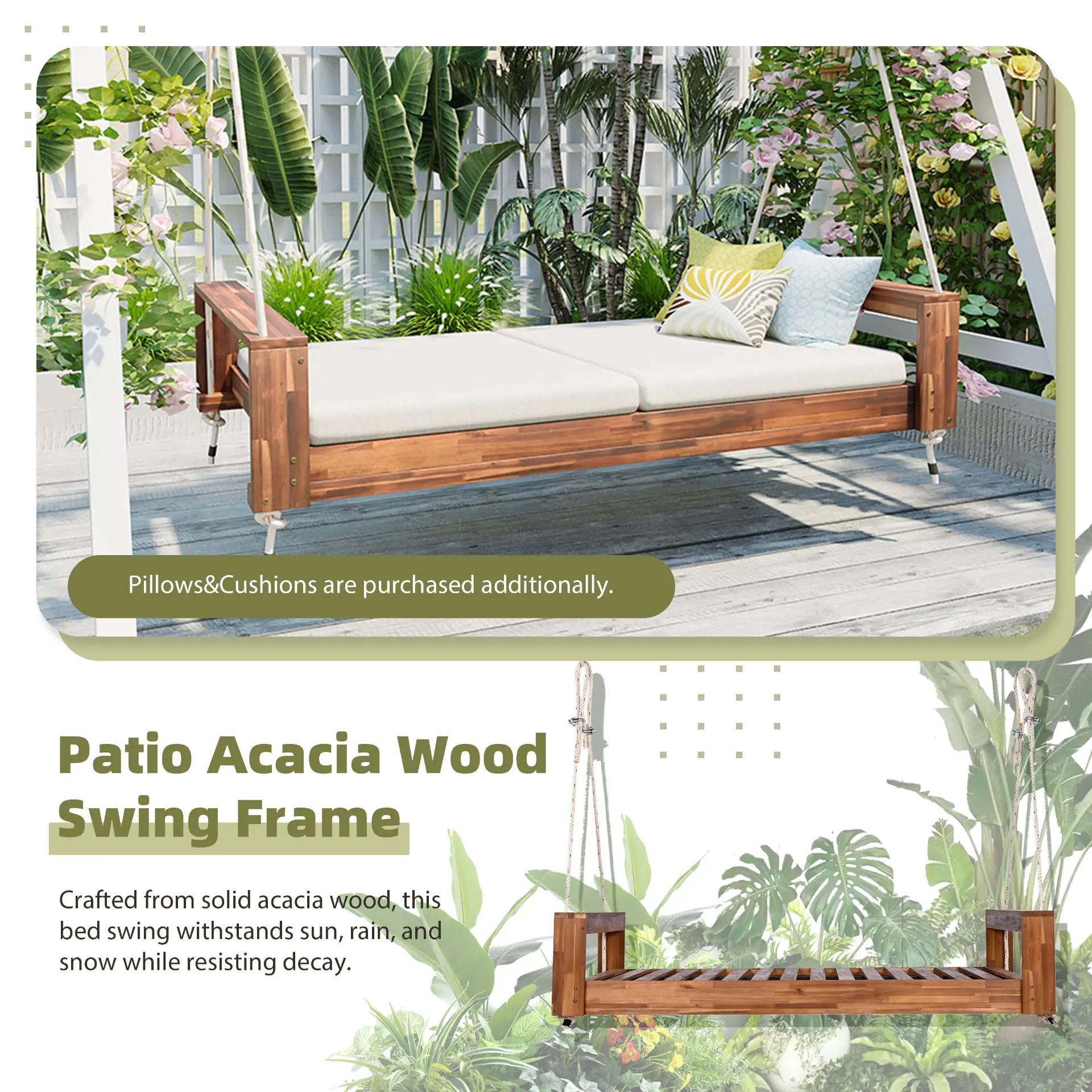 314237704_large.webp Twin Size Porch Swing Bed, Patio Acacia Wood Swing Frame with Hemp Ropes for Backyard - Image 52