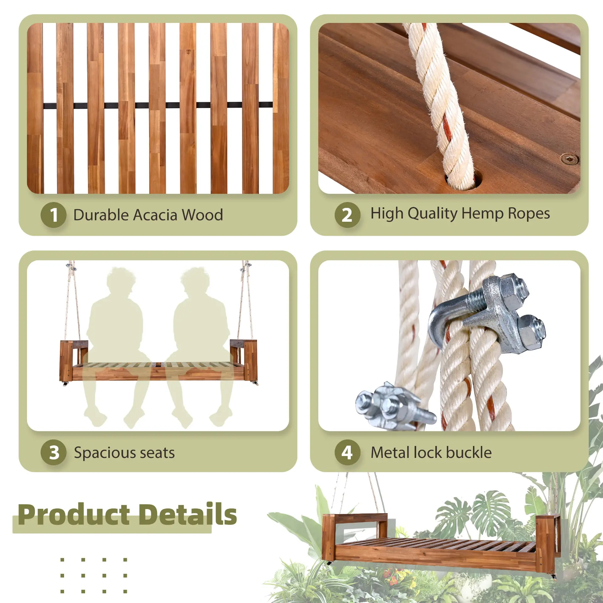 314237705_large.webp Twin Size Porch Swing Bed, Patio Acacia Wood Swing Frame with Hemp Ropes for Backyard - Image 53